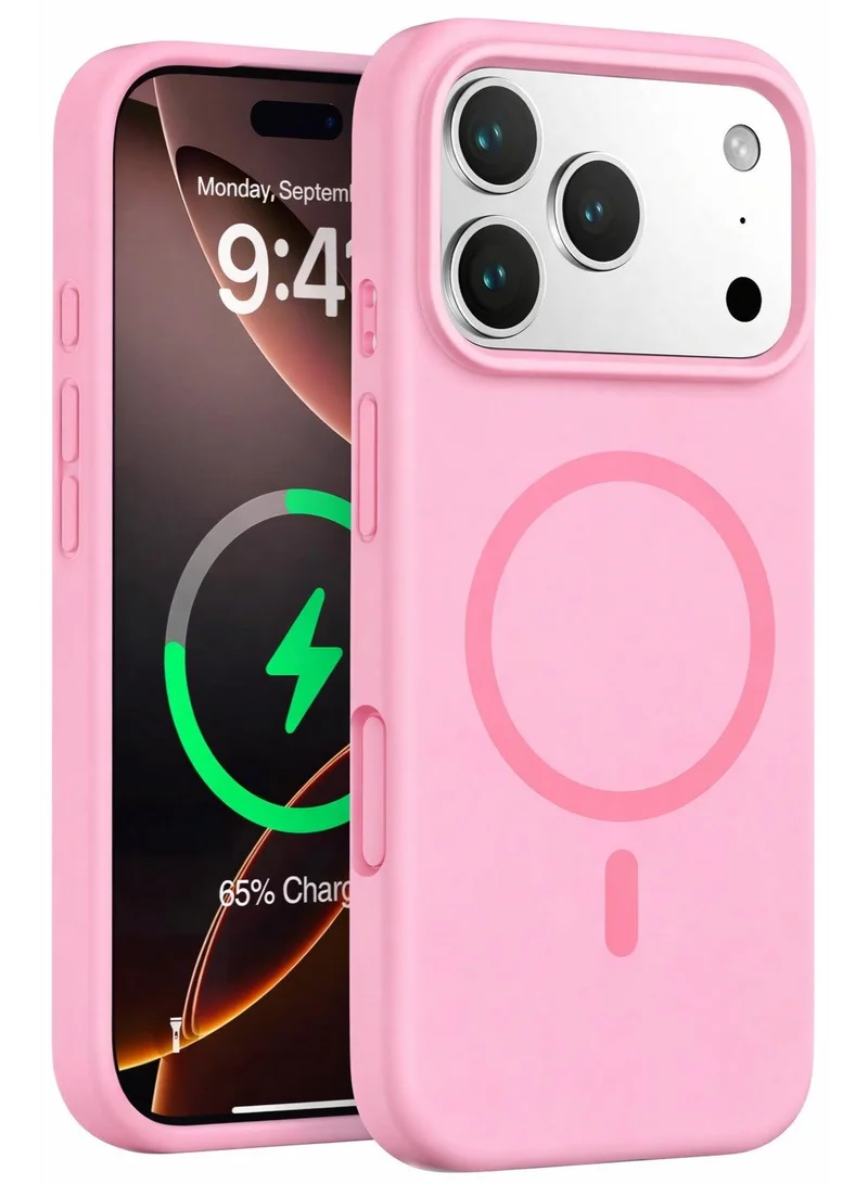 Mobcos Mobcos iPhone 17 Pro Pink Elite Ring Premium Silicone Magnetic Wireless Charging Case for iPhone | Silky Soft Touch | Military-Grade Shockproof Protection | Strong Magnetic Compatibility | Luxury Slim Cover